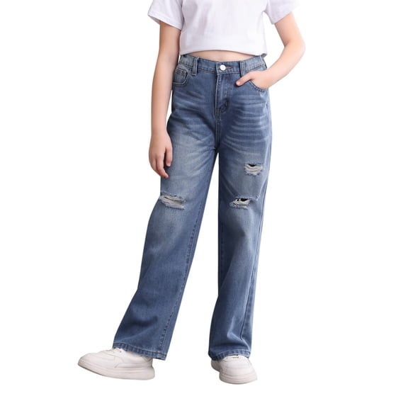 KAUOD Girls Ripped Jeans Straight Wide Leg Washed Retro Denim Pants Kids Toddler High Waist Distressed Trousers with Pockets