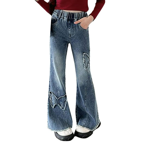 KAUOD Girls Ripped Jeans Vintage Cute High Waist Flare Denim Pants with Pockets Teen Kids Fall Straight Long Jeans Loose