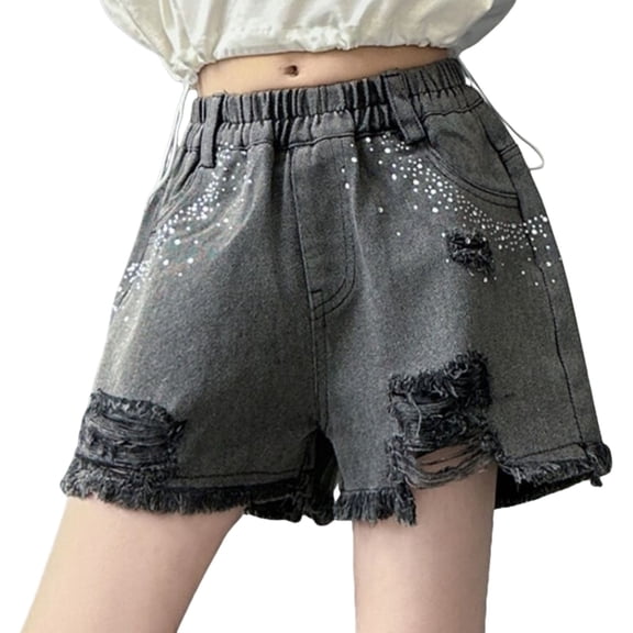 KAUOD Girls Ripped Short Jeans Cute Lace Distressed Denim Shorts Teen Kids Pull on High Waist Retro Jeans with Pockets
