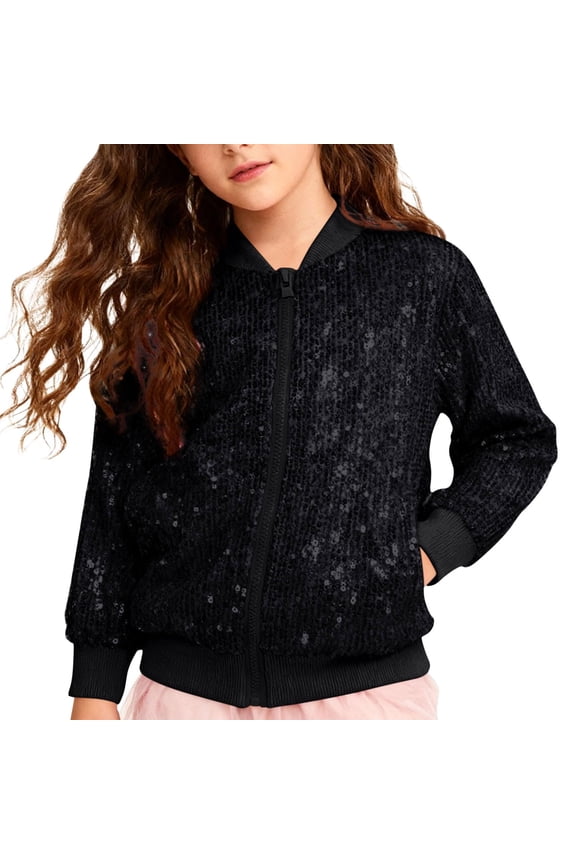 Girls Sequins Soft Jackets Long Sleeve Cute Sparkle Zip up Coats Teen Kids School Performance Ribbed Cuffs Jackets Tops