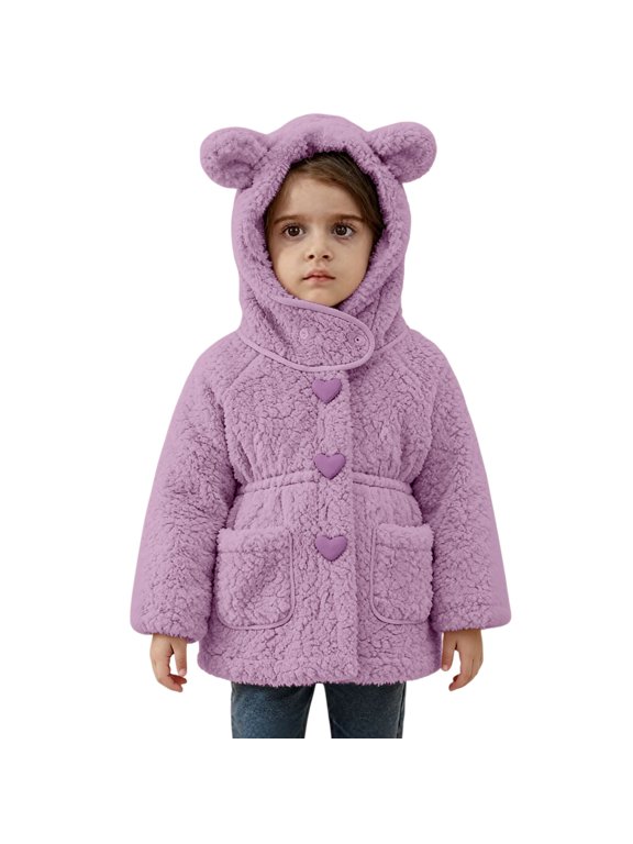 Girls Sherpa Coat Bear Ear Hood Heart Buttons Warm Winter Jacket