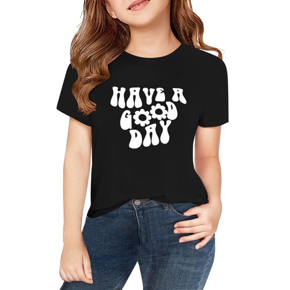 KAUOD Girls Short Sleeve Shirts Cute Letter Print Crew Neck Kids Girls Summer Tees Tops Loose Fit Preppy Casual Comfy Blouse