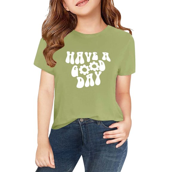 KAUOD Girls Short Sleeve Shirts Cute Letter Print Crew Neck Kids Girls Summer Tees Tops Loose Fit Preppy Casual Comfy Blouse