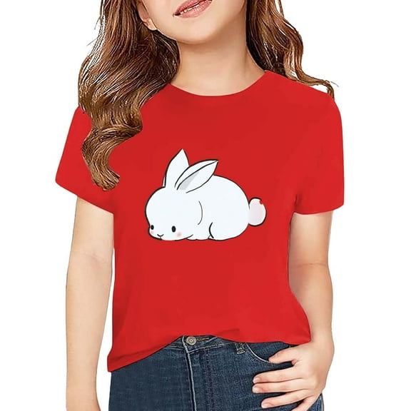KAUOD Girls Short Sleeve T Shirt Kids Graphic Tee Cute Bunny Print Crewneck Fashion Summer Tops Toddler Casual TShirt Clothes
