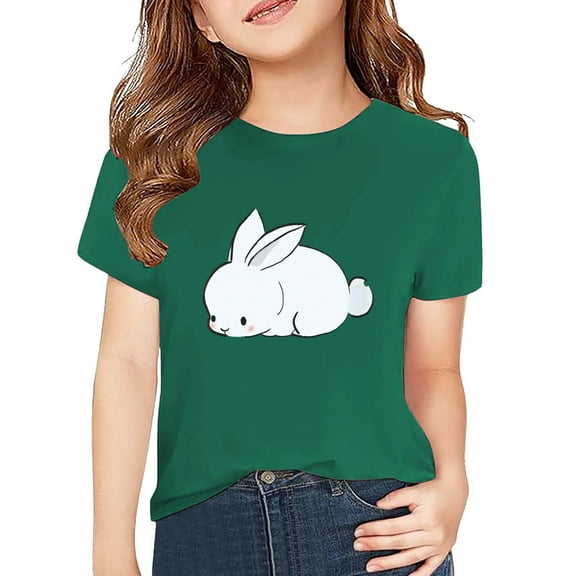 KAUOD Girls Short Sleeve T Shirt Kids Graphic Tee Cute Bunny Print Crewneck Fashion Summer Tops Toddler Casual TShirt Clothes