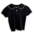 thumbnail image 1 of KAUOD Girls Short Sleeved Ribbed Collar Shirt Lettuce Trim Crewneck Lapel T Shirt Toddler Kids Casual Blouse Tee Tops, 1 of 3