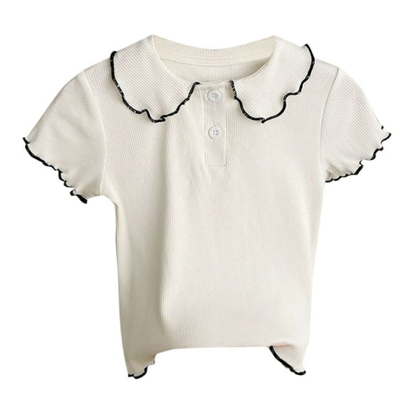 KAUOD Girls Short Sleeved Ribbed Collar Shirt Lettuce Trim Crewneck Lapel T Shirt Toddler Kids Casual Blouse Tee Tops