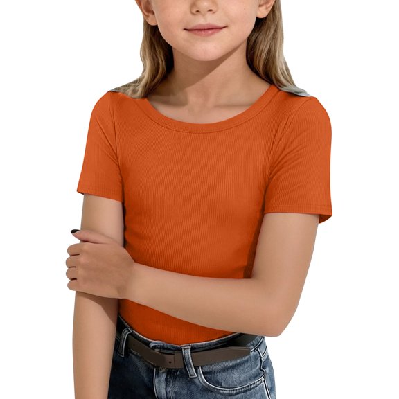 KAUOD Girls Short Sleeved Shirts Ribbed Basic Crew Neck Tee Tops Slim Fit Plain Pullover Shirt Casual Comfy Clothes