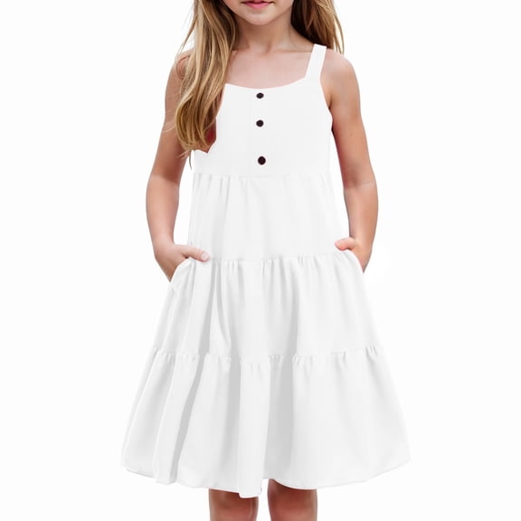 KAUOD Girls Sleeveless Summer Dress Buttons Crew Neck Pleated Knee Length Dresses Solid Smocked Skirts with Pocks for Kids
