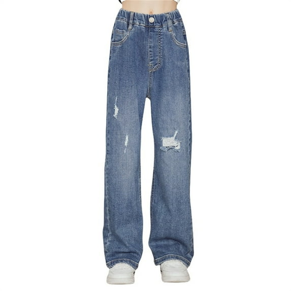 KAUOD Girls Straight Leg Denim Jeans Loose Fit Distressed Ripped Pants Elastic Waist Wide Leg Baggy Pants with Pocket