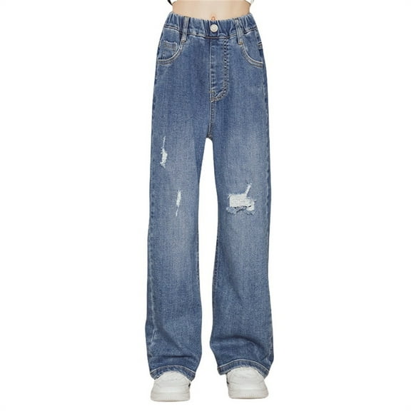 KAUOD Girls Straight Leg Denim Jeans Loose Fit Distressed Ripped Pants Elastic Waist Wide Leg Baggy Pants with Pocket