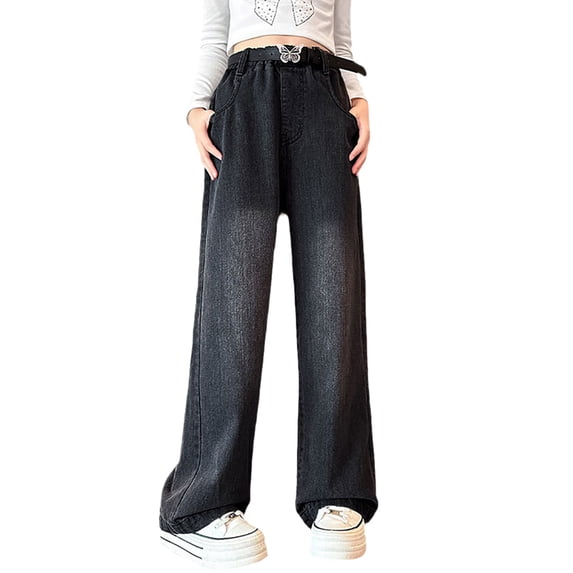 KAUOD Girls Straight Wide Leg Jeans Baggy Retro Cargo Denim Pants Teen Kids Fall Casual Elastic High Waist Jeans Trousers