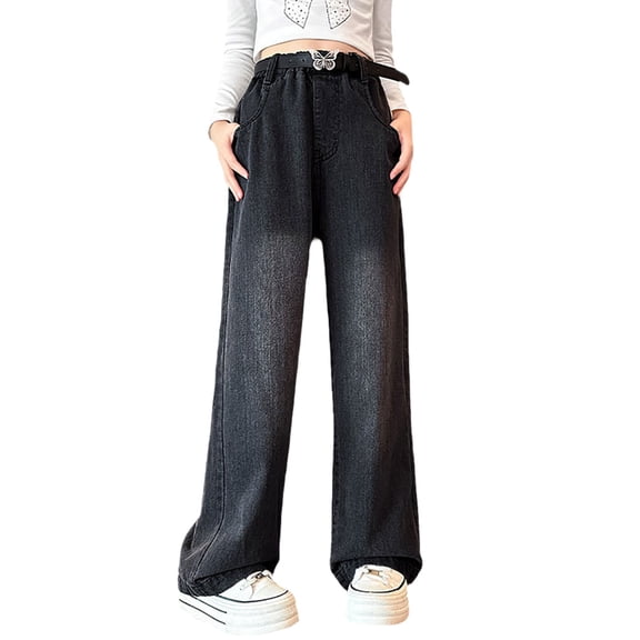 KAUOD Girls Straight Wide Leg Jeans Baggy Retro Cargo Denim Pants Teen Kids Fall Casual Elastic High Waist Jeans Trousers