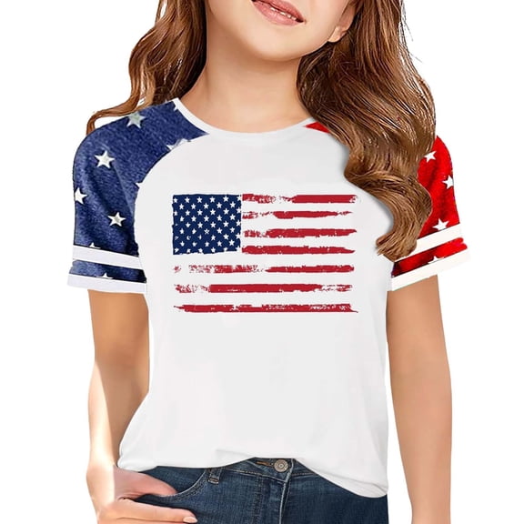 KAUOD Girls Striped Flag 4th of July T Shirts Short Sleeve Star Patriotic Graphic Blouse Tees Tops Kids Girls Summer Outfits