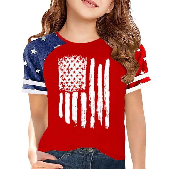 KAUOD Girls Striped Flag 4th of July T Shirts Short Sleeve Star Patriotic Graphic Blouse Tees Tops Kids Girls Summer Outfits