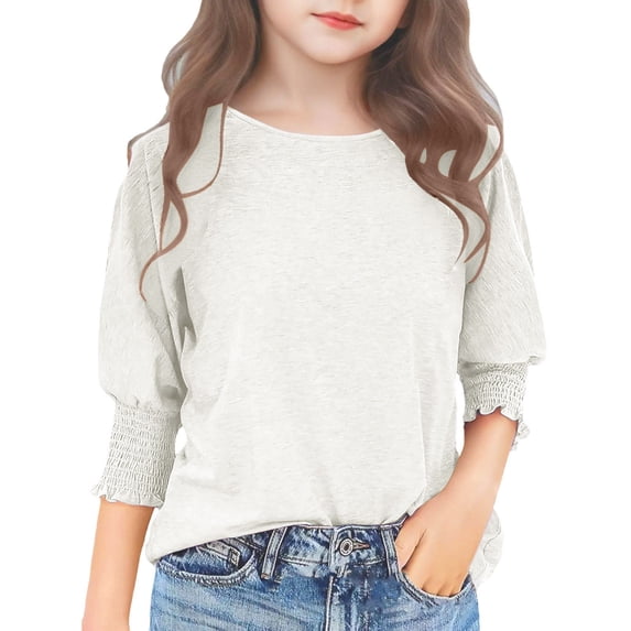 KAUOD Girls Summer 3/4 Puff Sleeve Crewneck Tops Trendy Tees Shirts for Teen Casual Solid Color Soft Tshirt Blouses