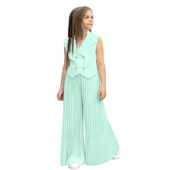 KAUOD Girls Summer Suit Outfits 2 Piece Sleeveless Double Breasted Jacket and Pleated Pants Set Loose Trendy Clothe