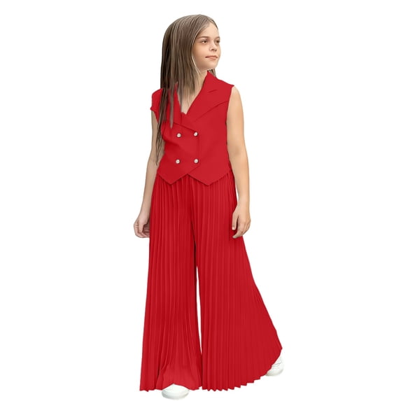 KAUOD Girls Summer Suit Outfits 2 Piece Sleeveless Double Breasted Jacket and Pleated Pants Set Loose Trendy Clothe