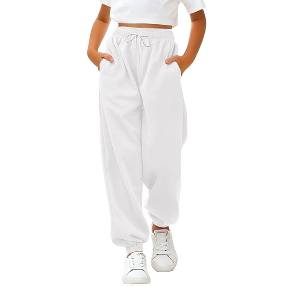KAUOD Girls Sweatpants Ribbed Cuffs Joggers Cute Sweat Pants Teen Kids Plain Baggy Fleece Warm Sport Pants with Pockets