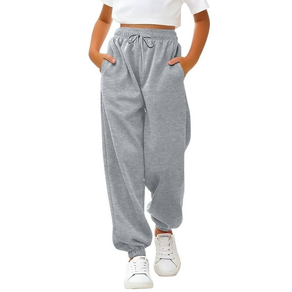 KAUOD Girls Sweatpants Ribbed Cuffs Joggers Cute Sweat Pants Teen Kids Plain Baggy Fleece Warm Sport Pants with Pockets