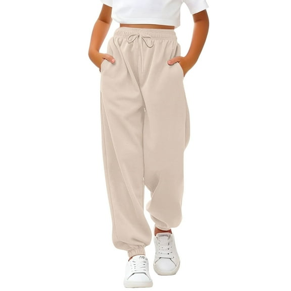 KAUOD Girls Sweatpants Ribbed Cuffs Joggers Cute Sweat Pants Teen Kids Plain Baggy Fleece Warm Sport Pants with Pockets