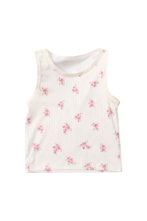Girls Tank Tops Crew Neck Sleeveless Undershirt Cute Flower Print Tops Summer Athletic Trendy Casual Shirts