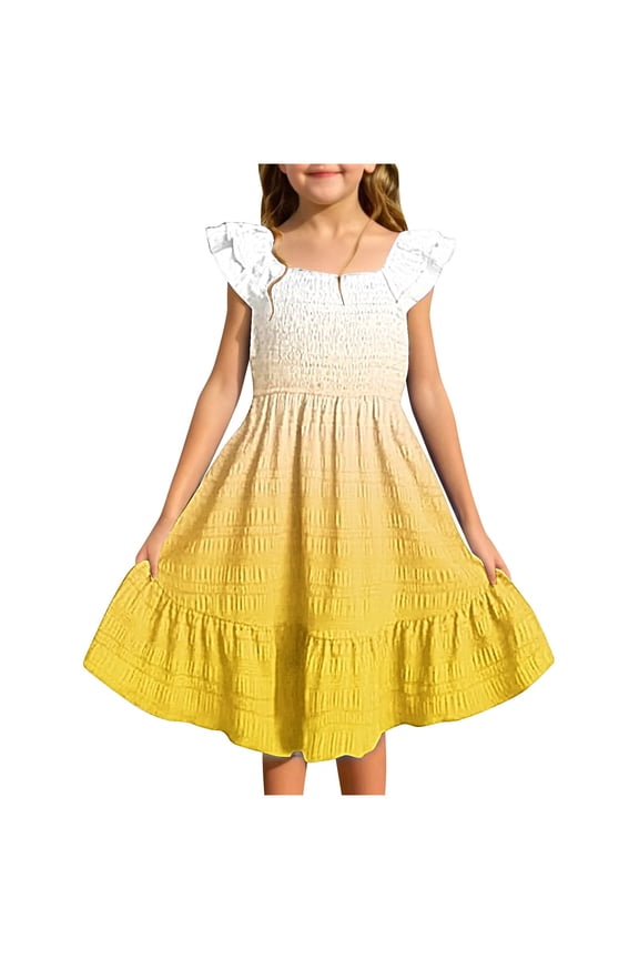 Girls Tiered Sleeve Square Neck Summer Dress Gradient Color Flowy Swing Pleated Dresses Knee Length Cute Elegant Skirts