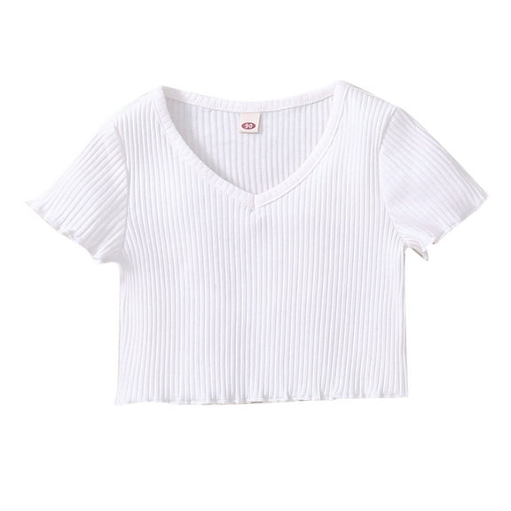 KAUOD Girls Toddler Baby Cotton Ribbed Crop Top Short Sleeve T-Shirt Summer Casual Solid Pullover Tee Trendy Kids Clothing