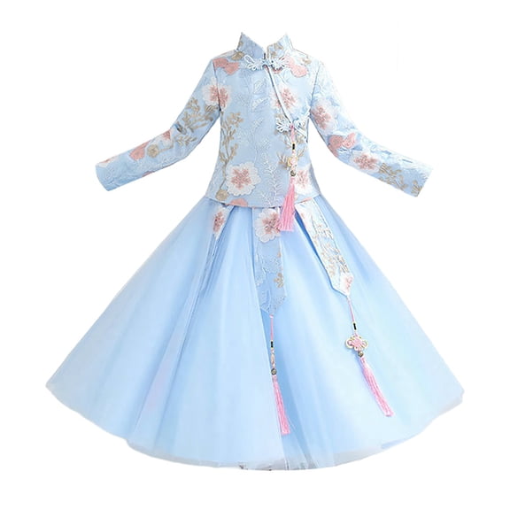 KAUOD Girls Traditional New Years Skirts Suits 2 Piece Flower Lace Embroidery Tops Swing Chinese Pleated Skirts Outfits