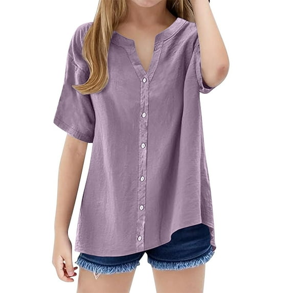KAUOD Girls Trendy V-Neck Blouses Teen Casual Summer Loose Short Sleeve Tops Solid Color Button Down Tees Shirts