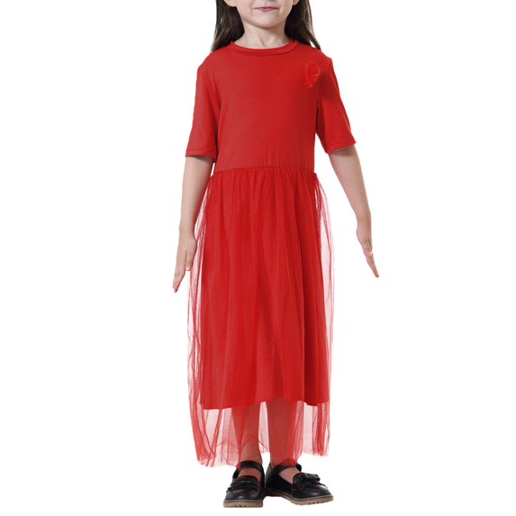 KAUOD Girls Tulle Long Dress Muslim Mesh Lace Short Sleeve Dresses Teen Kids Crew Neck Soft Eid Prayer Traditional Clothes