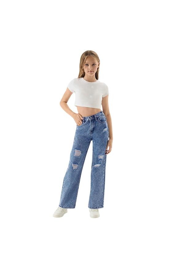 Girls Vintage Ripped Jeans Straight Wide Leg Washed Distressed Denim Pants Teen Kids High Waist Retro Trousers