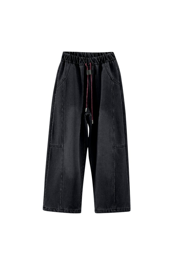 Girls Wide Leg Denim Pants Retro High Elastic Waist Stretchy Baggy Jeans with Adjustable Drawstring Straight Trousers