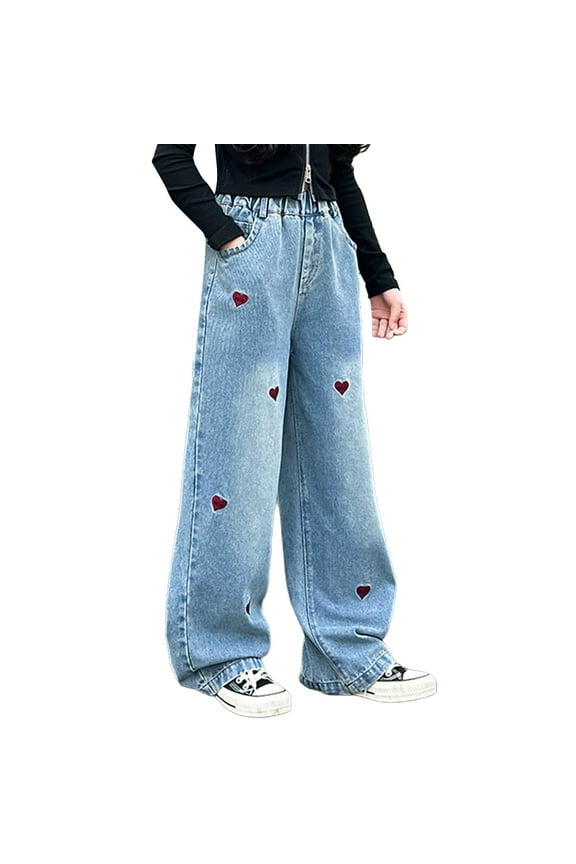 Girls Wide Leg Jeans Baggy Heart Embroidery High Elastic Waist Straight Denim Pants Cute Y2k Stretchy Tween Streetwear