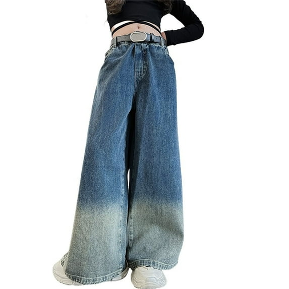 KAUOD Girls Wide Leg Jeans Girls Baggy Jeans Distressed Elastic Waist Denim Pants Y2K Vintage Baggy Pants Streetwear Loose Fit