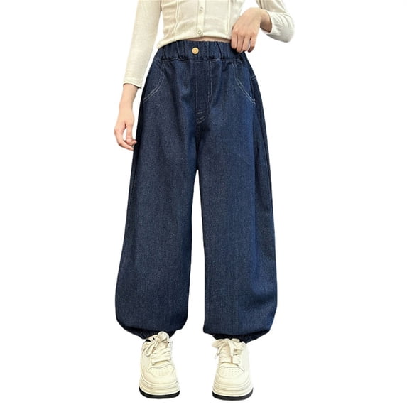 KAUOD Girls Wide Leg Jeans Kids Baggy Elastic Waist Casual Denim Pants with Pockets Kids Toddler Casual Washed Pants