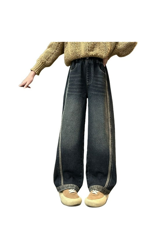 Girls Wide Leg Jeans Retro High Elastic Waist Straight Baggy Denim Pants with Side Stripe Detail Kids Cool Streetwear
