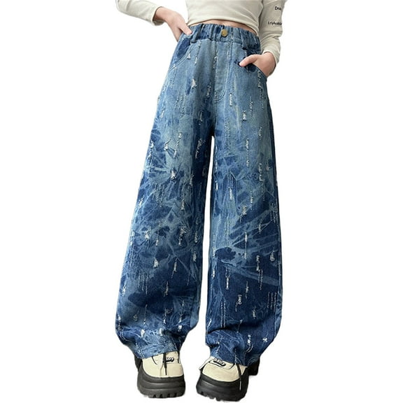 KAUOD Girls Wide Leg Jeans Tie Dye Zipper Baggy Denim Pants Elastic Waist Straight Trousers Oversized Y2k 2025 Streetwear