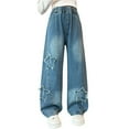 thumbnail image 1 of KAUOD Girls Y2k Jeans Cute Star Applique High Elastic Waist Straight Stretchy Denim Pants Kids Retro Wide Leg Baggy Streetwear, 1 of 9