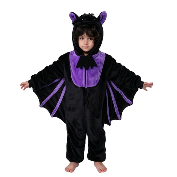 KAUOD Halloween Bat Onesie Boys Girls Kids Bat Wings Fleece Hood Fuzzy Ears Zipper Jumpsuit Halloween Outfit Birthday Party Onesie
