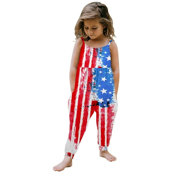 KAUOD Independence Day Kids Sleeveless Jumpsuit Spaghetti Strap Star Print Playsuit 4th of July Patriotic Outfits One Piece