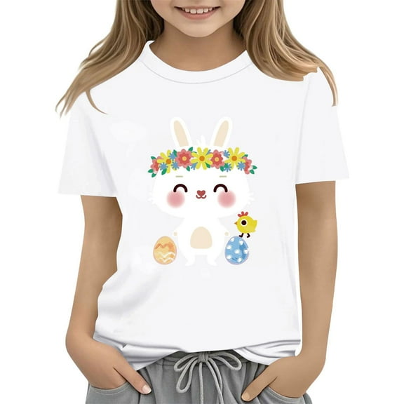 KAUOD Kid Cute Bunny Easter T Shirt Short Sleeve Crewneck Tees Girls Easter Days Shirts Pullover Casual Clothing