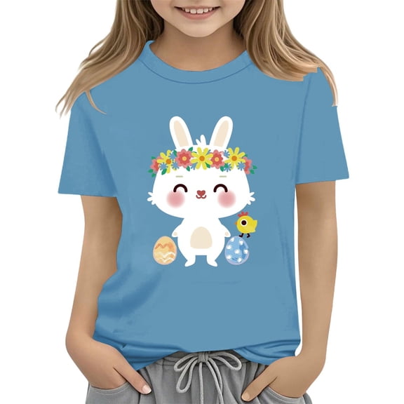 KAUOD Kid Cute Bunny Easter T Shirt Short Sleeve Crewneck Tees Girls Easter Days Shirts Pullover Casual Clothing