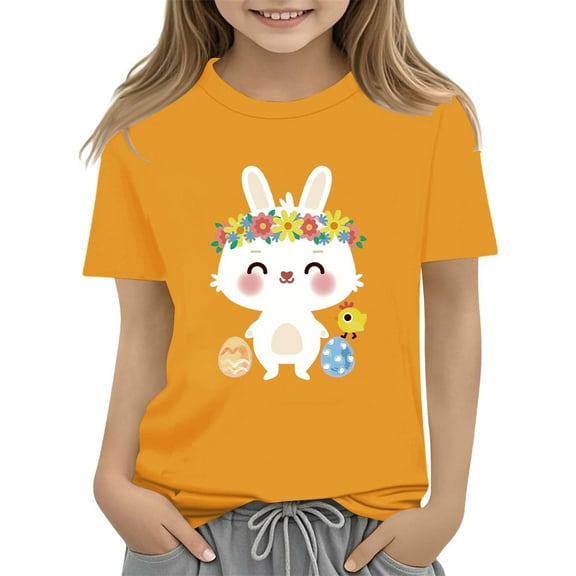 KAUOD Kid Cute Bunny Easter T Shirt Short Sleeve Crewneck Tees Girls Easter Days Shirts Pullover Casual Clothing