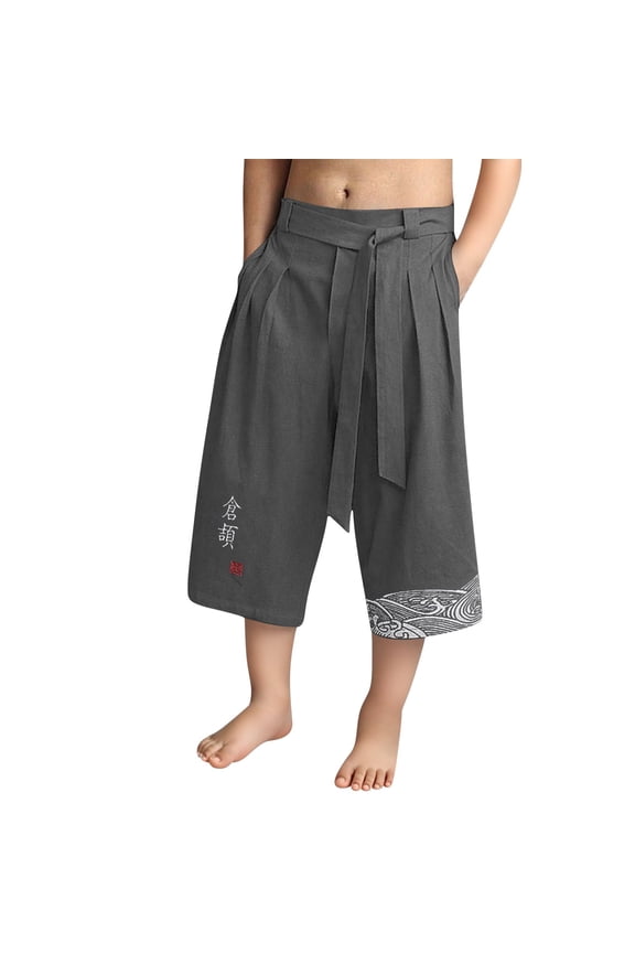 Kids Boys Japanese Kimono Beach Pants Linen Capri Summer Harem Pants Wide Leg Cropped Pant Loose Pockets Trousers