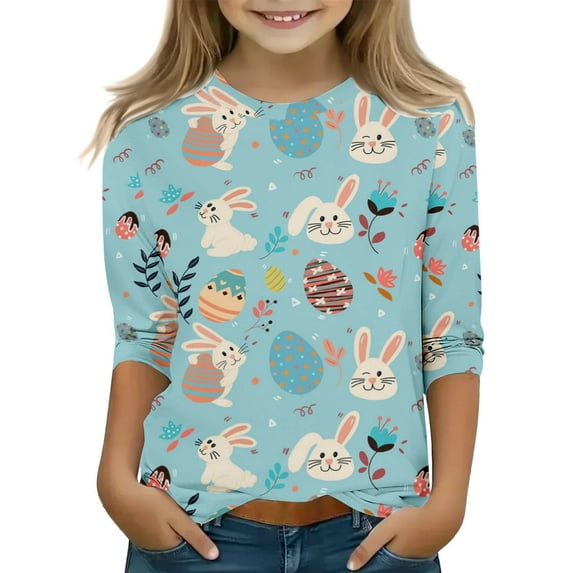 KAUOD Kids Bunny Tees Easter Day T Shirts Eggs Floral Printed Crewneck Long Sleeve Tees Tops for Kids Boys Girls