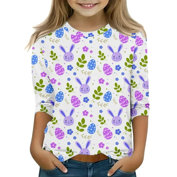 KAUOD Kids Bunny Tees Easter Day T Shirts Eggs Floral Printed Crewneck Long Sleeve Tees Tops for Kids Boys Girls