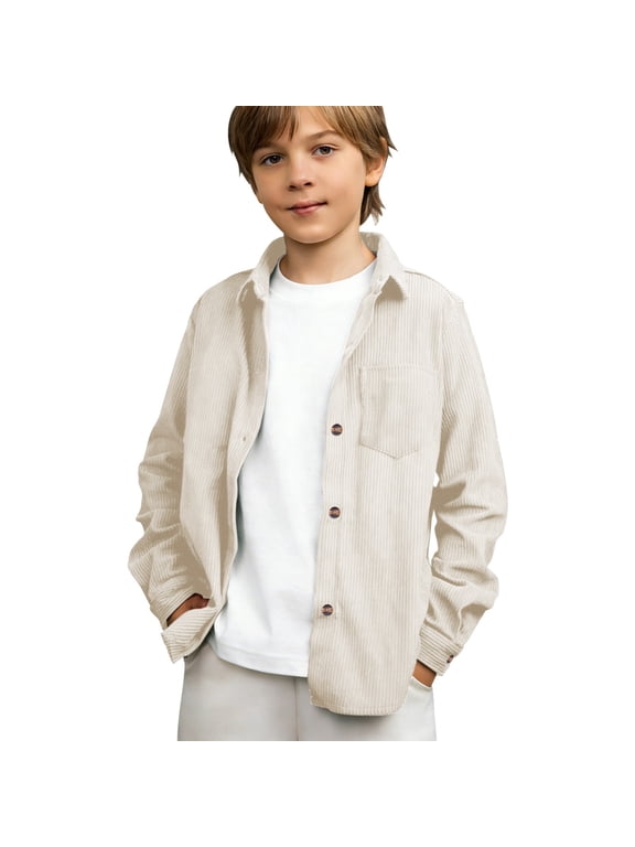 Kids Corduroy Shackets Jackets Front Pockets Button Long Sleeve Coats Boys Girls Plain Soft Collar Shirt Clothes