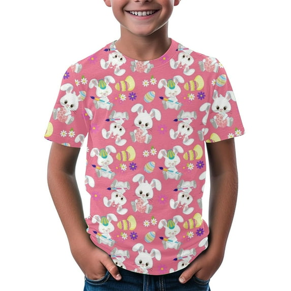 KAUOD Kids Easter Bunny T Shirt Eggs Floral Printed Tees Crewneck Soft Short Sleeve Casual Easter Tops Boys Girls Tees