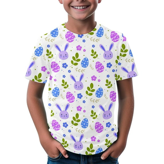 KAUOD Kids Easter Bunny T Shirt Eggs Floral Printed Tees Crewneck Soft Short Sleeve Casual Easter Tops Boys Girls Tees